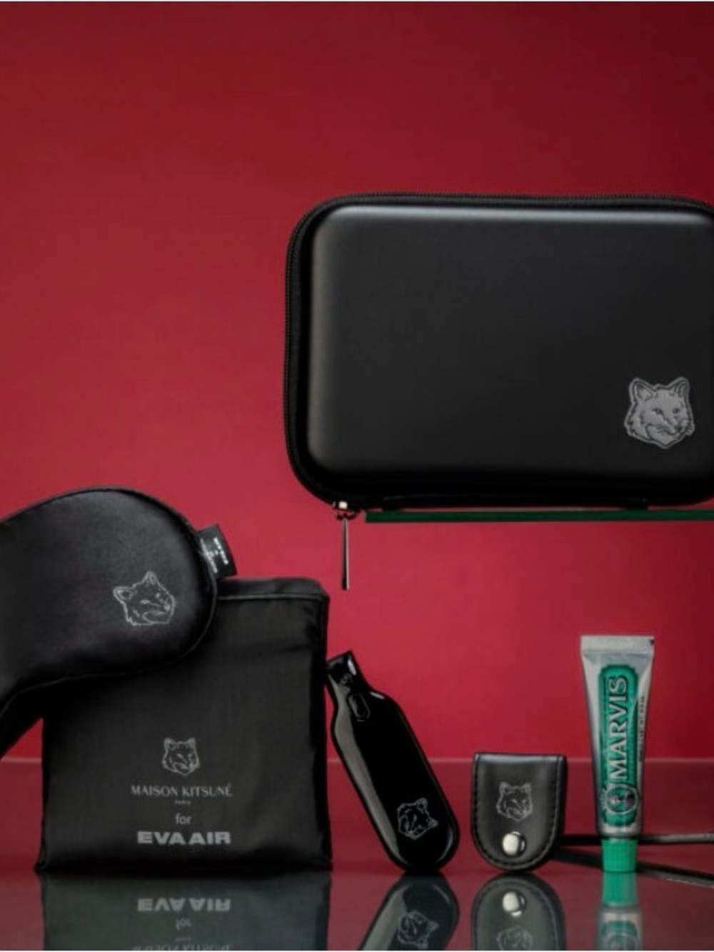 MAISON KITSUNÉ X EVA AIR Black Travel Accessory Set with Fox Motif
